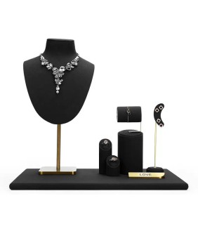Penjualan Kit Display Showcase Perhiasan Beludru Hitam Logam Emas