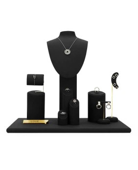 Set di vetrine per gioielli in velluto nero in metallo dorato in vendita