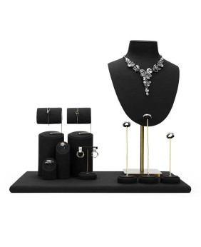 Venda de conjuntos de exibição de joias de veludo preto de metal dourado de varejo