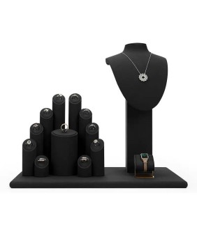 Conjuntos de exibição de vitrine de joias de veludo preto de metal dourado varejo para venda