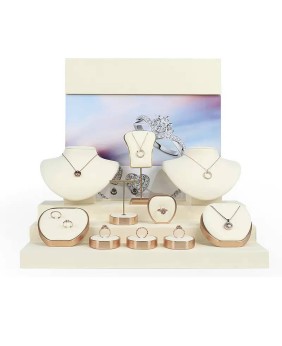 New Off White Velvet Gold Metal Jewelry Display Set For Sale