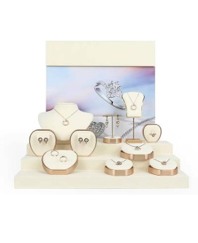 Set Display Showcase Perhiasan Logam Emas Beludru Putih Baru