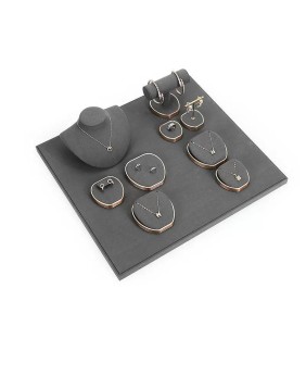 Conjuntos luxuosos de exibição de joias de metal dourado de veludo cinza escuro para venda