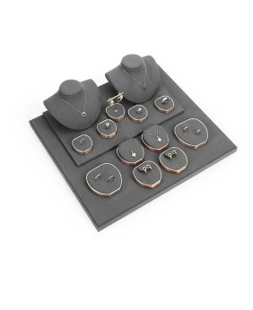 Premium Dark Gray Velvet Gold Metal Jewelry Display Set