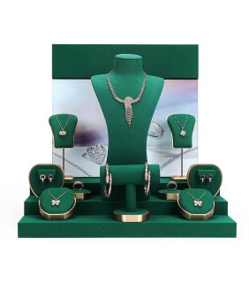 Kits de exhibición de joyas de terciopelo verde oscuro de metal dorado de lujo