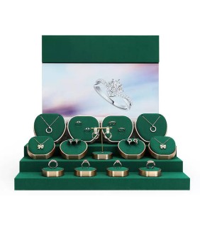Kits de exibição de janela de joias de veludo verde escuro de metal dourado luxuoso de luxo