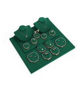 Kits de exibição de joias de veludo verde metálico dourado