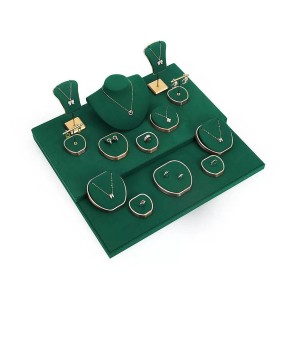 Gold Metal Green Velvet Jewelry Display Set For Sale