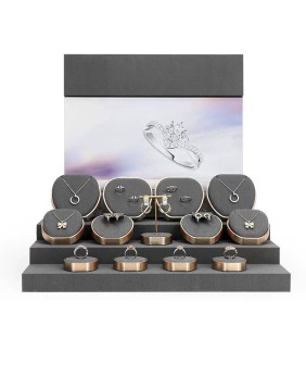 Novo conjunto de exibição de joias de veludo cinza escuro de metal dourado