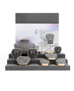 Novos conjuntos de exibição de joias de veludo cinza escuro de metal dourado