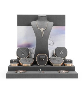Kits de exhibición de ventana de joyería de terciopelo gris oscuro de metal dorado populares