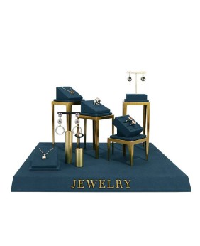 Gold Metal Lake Blue Velvet Jewelry Showcase Display Sets For Sale