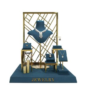 Nouveau Ensembles d'affichage de vitrine de bijoux en velours bleu lac en métal doré