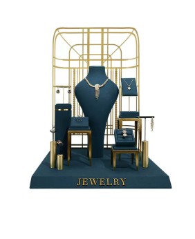 Conjuntos de exibição de joias de veludo azul de metal dourado premium