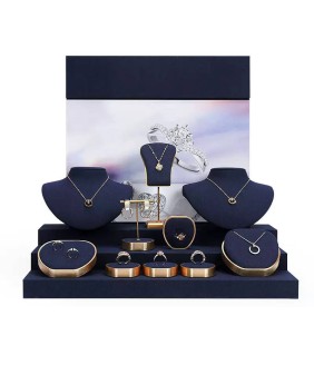 Luxo novo azul marinho veludo ouro metal jóias kits de exibição para venda