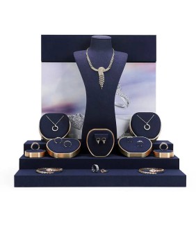 Kit Display Showcase Perhiasan Logam Emas Beludru Biru Angkatan Laut Baru