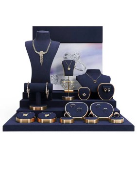 Nieuwe marineblauwe fluwelen gouden metalen sieradenvitrinesets te koop