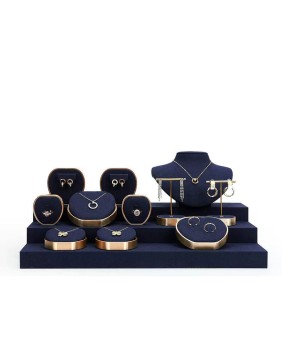 Novos conjuntos populares de exibição de joias de metal dourado de veludo azul marinho
