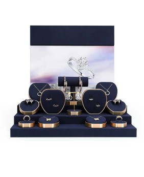 Kit Display Perhiasan Logam Emas Beludru Biru Laut Ritel Populer