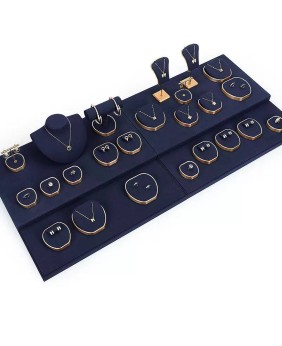 Kits de exhibición de joyas de metal dorado de terciopelo azul marino de lujo