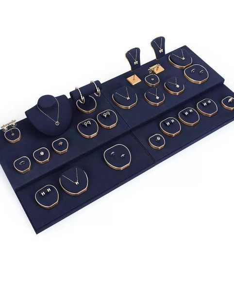 Kits de exibição de joias de metal dourado de veludo azul marinho luxuoso