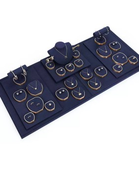 Luxury Navy Blue Velvet Gold Metal Jewelry Set Display