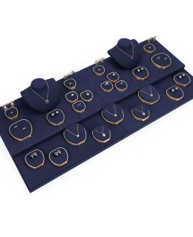 Kits de exhibición de joyas de metal dorado de terciopelo azul marino
