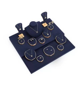 Conjunto de exibição de joias de metal dourado de veludo azul marinho