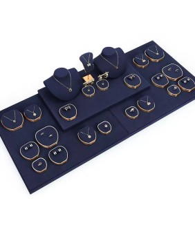 Set Display Perhiasan Logam Emas Beludru Biru Laut Grosir