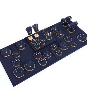 kit di esposizione per vetrina di gioielli in metallo dorato e velluto blu navy di lusso