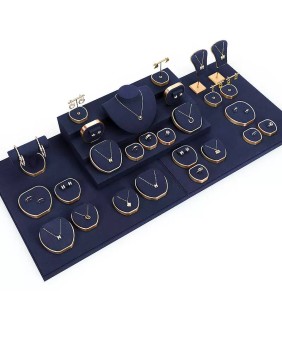Kits de exhibición de escaparate de joyería de metal dorado de terciopelo azul marino a la venta