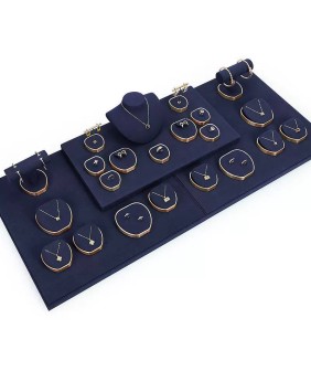 Conjunto de exibição de vitrine de joias de metal dourado de veludo azul marinho