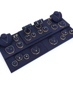 Nieuwe marineblauwe fluwelen gouden metalen sieradendisplaysets
