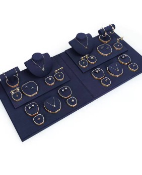 Kits de exhibición de joyería de metal dorado de terciopelo azul marino premium