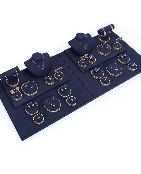 Kits de exibição de joias de metal dourado de veludo azul marinho premium