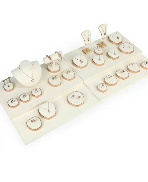 Kits de exhibición de joyas de metal dorado de terciopelo blanco de lujo