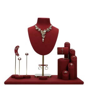 Conjunto de vitrine de joias de veludo vermelho de varejo