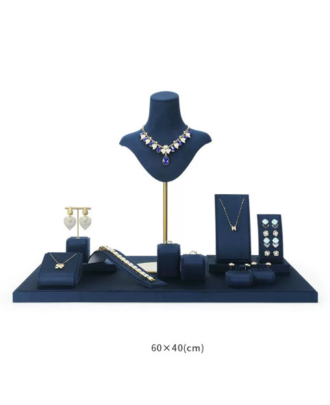 Juego de exhibición de joyas de terciopelo azul marino de alta gama