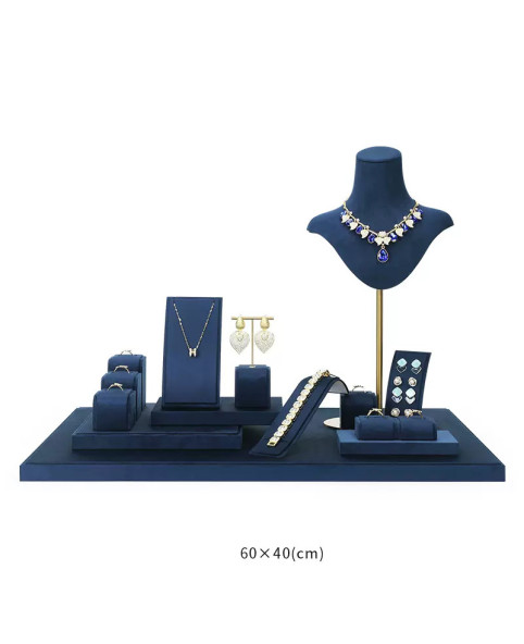Nuevo juego de exhibición de joyas de terciopelo azul marino de alta gama a la venta