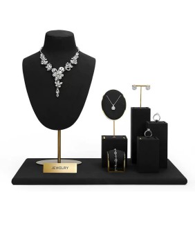 Penjualan Set Display Showcase Perhiasan Beludru Hitam Logam Emas Baru