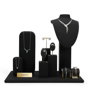 Set Display Showcase Perhiasan Beludru Hitam Logam Emas Mewah Ritel Baru