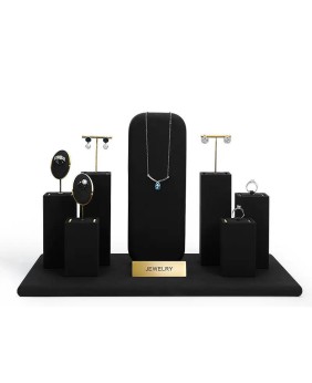 Novos populares conjuntos de exibição de vitrine de joias de veludo preto de metal dourado