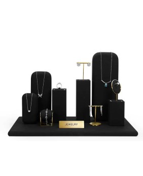 Conjuntos de exibição de joias de veludo preto de metal dourado luxuoso de varejo para venda