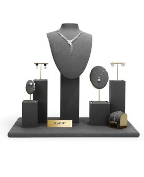 Venta de kits de exhibición de joyería de terciopelo gris oscuro de metal dorado