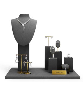 Gold Metal Dark Gray Velvet Jewelry Showcase Display Kits For Sale