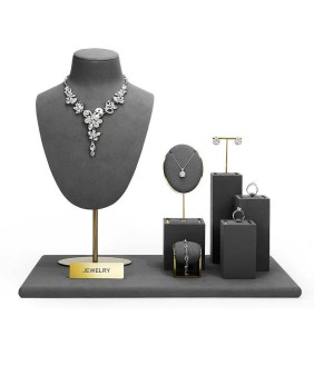 Gold Metal Dark Gray Velvet Jewelry Showcase Display Sets For Sale