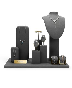Luxury Gold Metal Dark Gray Velvet Jewelry Window Display Sets