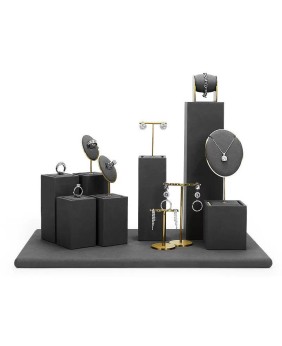 Popular Retail Gold Metal Dark Gray Velvet Jewelry Showcase Display Sets