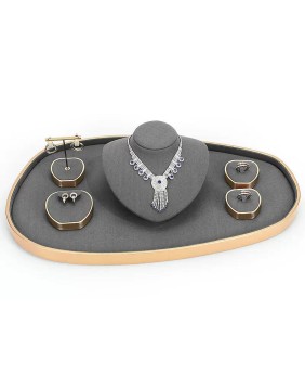 Set Display Showcase Perhiasan Beludru Abu-abu Gelap Logam Emas Baru Mewah untuk Dijual
