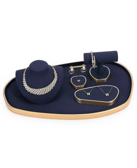 Conjuntos populares de exhibición de joyas de metal dorado de terciopelo azul marino